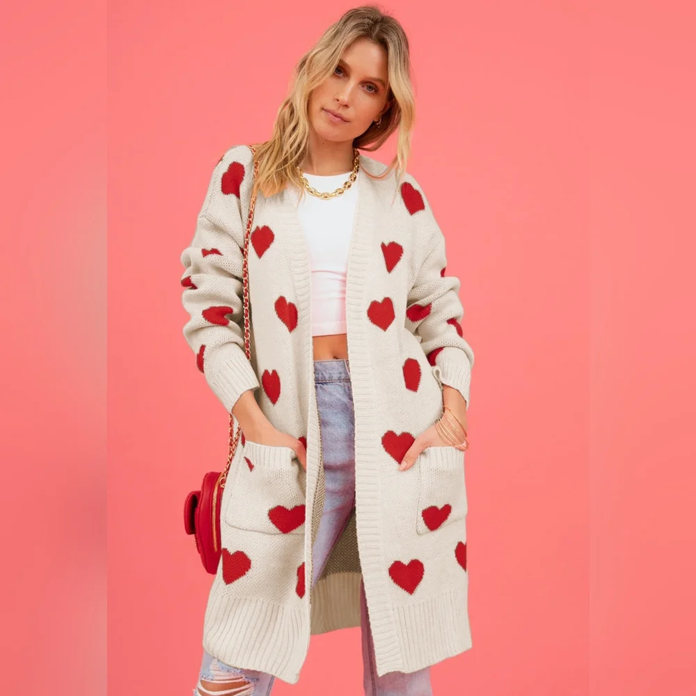 Contrasting Heart Knit Open Front Longline Pocket Sweater Cardigan Valentine - Picture 7 of 9